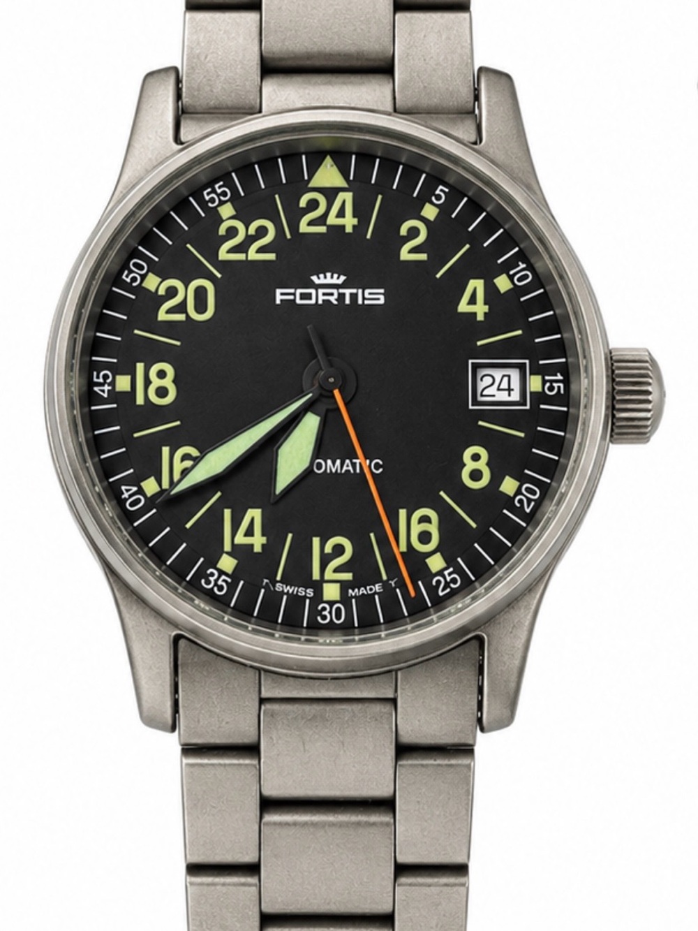Fortis Stainless Pilot Watch with Black Dial and Green Lume